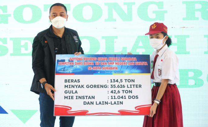 Wali Kota Surabaya Eri Cahyadi saat menerima bantuan dari siswa SD SMP surabaya secara Simbolis