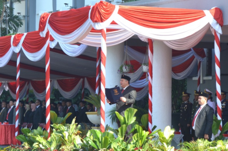 Wakil Wali Kota Surabaya Whisnu sakti Buana saat peringatan upacara kesaktian pancasila dibalai kota
