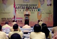 Arif Fathoni saat memberikan sambutan di Musda X paftai Golkar Surabaya