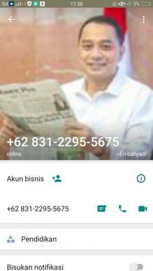 Foto tangkapan layar nomor WhatsApp yang menggunakan foto wali kota eri cahyadi