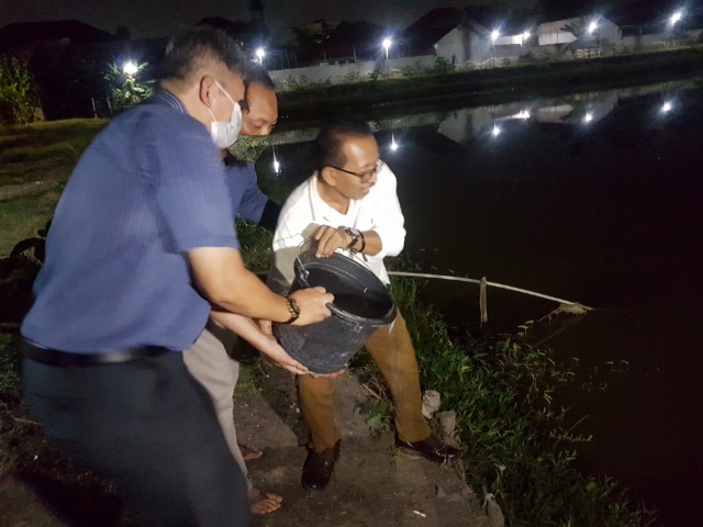 AH Thony saat melepas bibit ikan di bozem yang dikelola oleh warga pada Kamis (20/10) malam