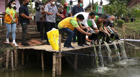 Tebar 7000 Benih Ikan Nila di Bozem Jemur Wonosari, Begini Harapan Wali Kota Eri