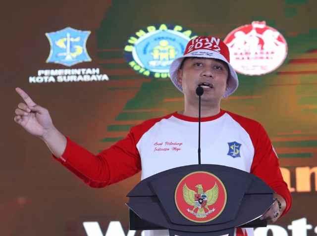 Wali Kota Surabaya Eri Cahyadi saat perayaan hari anak nasional (HAN) di Surabaya, Rabu (27/07/2022)