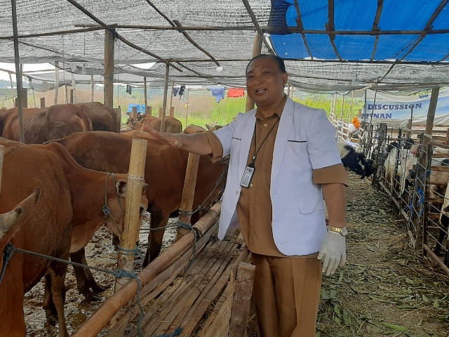 Kepala Bidang Peternakan DKPP Kota Surabaya, drh Sunarno Aristono saat melakukan pengecekan hewan kurban./foto dok