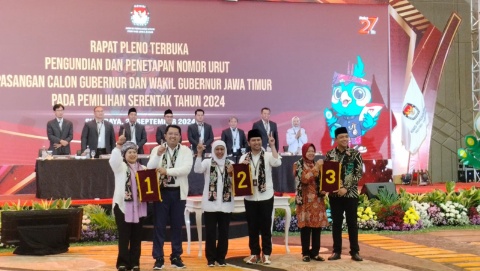 Resmi Pleno Terbuka. KPU Tetapkan Nomor Urut Cagub-Cawagub Jatim 2024