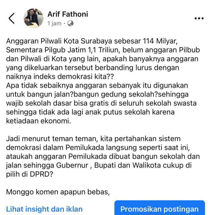 Foto tangkapan layar unggahan Arif Fathoni