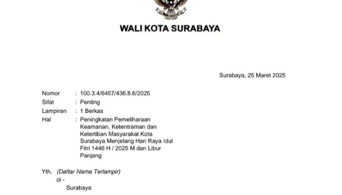Ini SE Peningkatan Keamanan yang dikeluarkan Pemkot Surabaya Jelang Idul Fitri