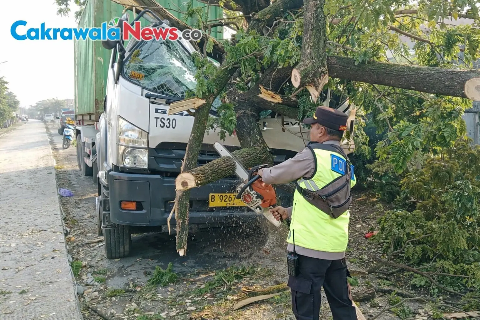 kecelakaan tunggal di tarub pohon tumbang timpa truk isuzu
